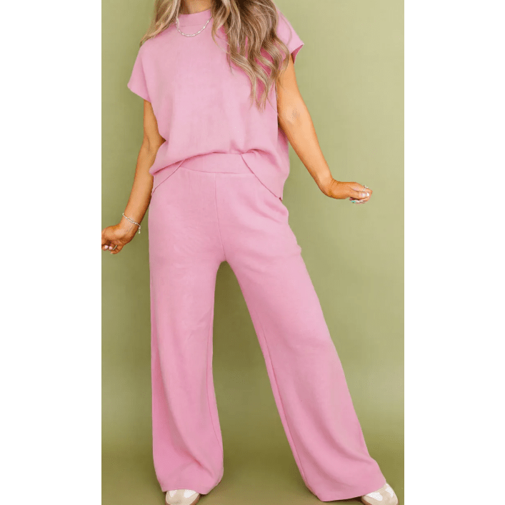 Miranda Pink Textured Knit High Neck Loose Tee Elastic Waist Loose Pant Set