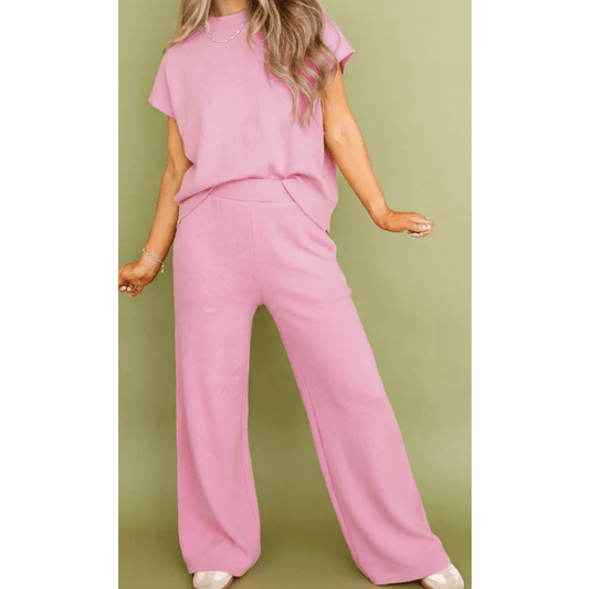 Miranda Pink Textured Knit High Neck Loose Tee Elastic Waist Loose Pant Set