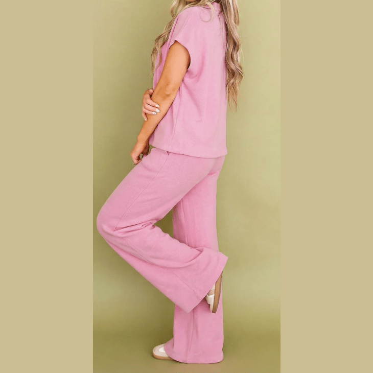 Miranda Pink Textured Knit High Neck Loose Tee Elastic Waist Loose Pant Set