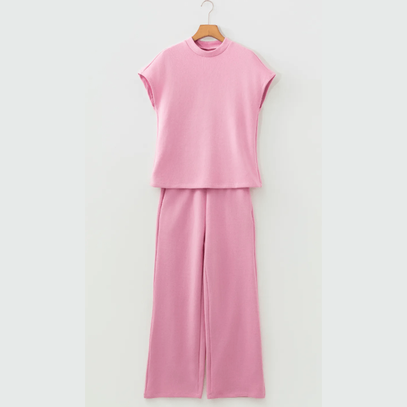Miranda Pink Textured Knit High Neck Loose Tee Elastic Waist Loose Pant Set