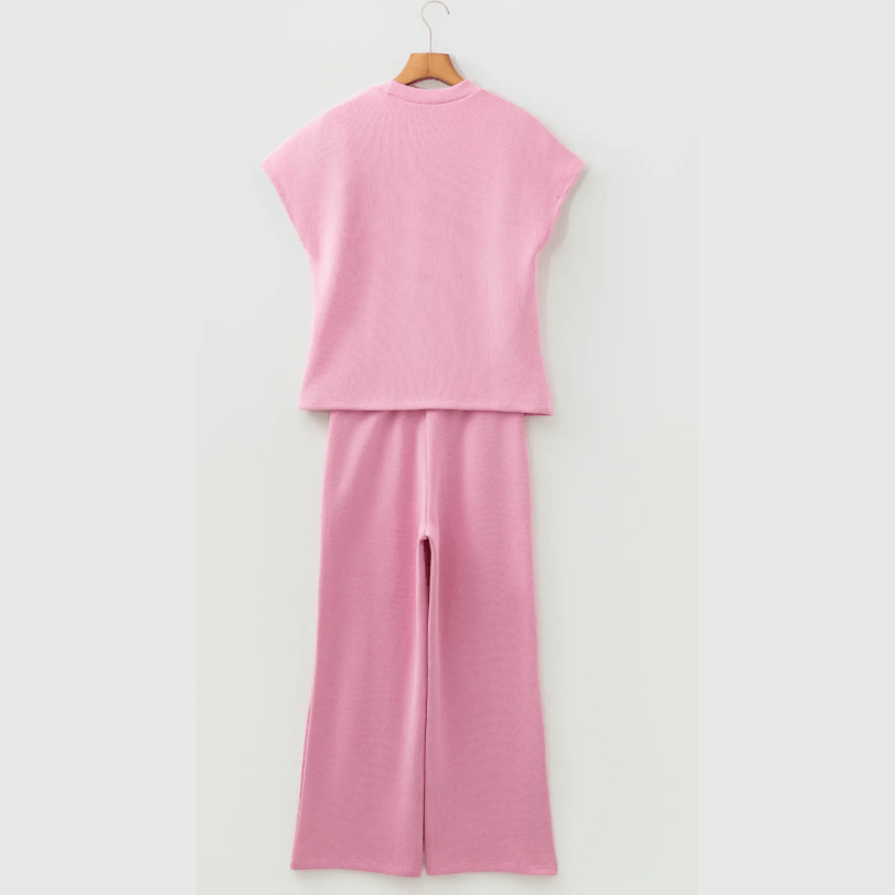 Miranda Pink Textured Knit High Neck Loose Tee Elastic Waist Loose Pant Set