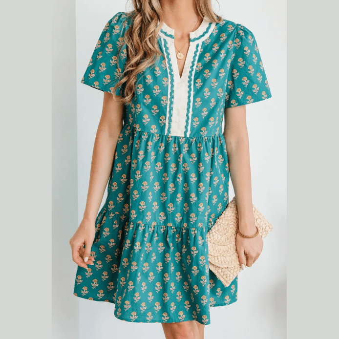 Pyper Green Contrast Trim V Neck Short Sleeve Floral Dress