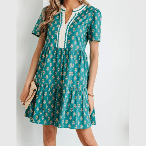 Pyper Green Contrast Trim V Neck Short Sleeve Floral Dress