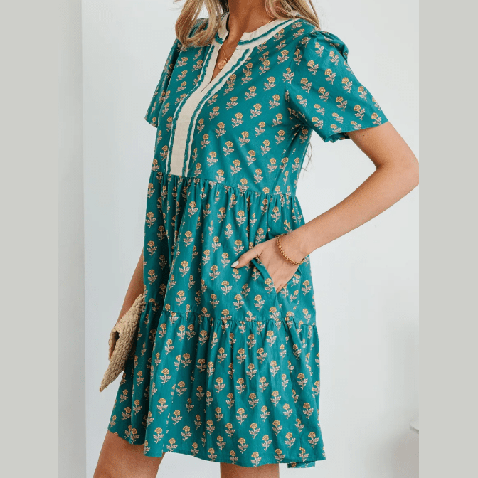 Pyper Green Contrast Trim V Neck Short Sleeve Floral Dress