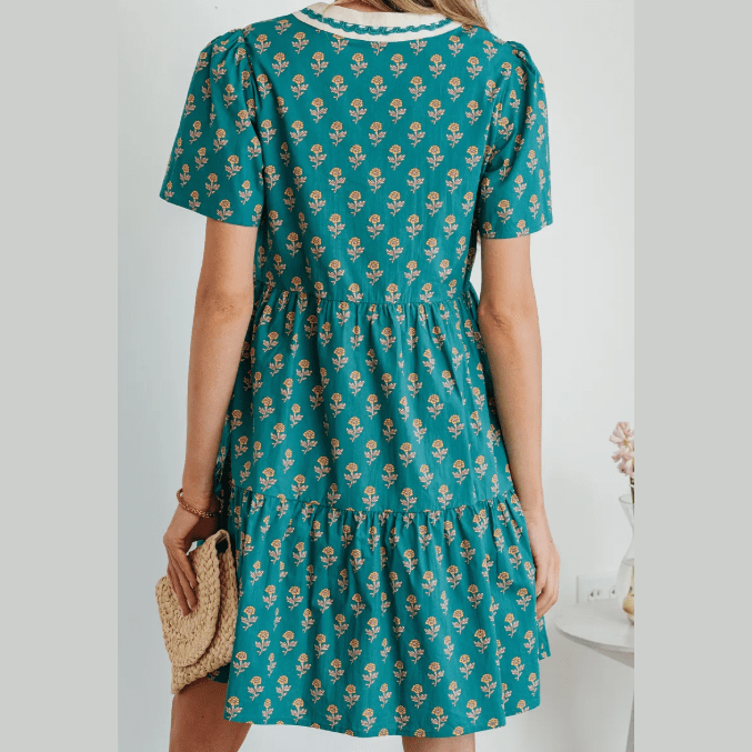 Pyper Green Contrast Trim V Neck Short Sleeve Floral Dress