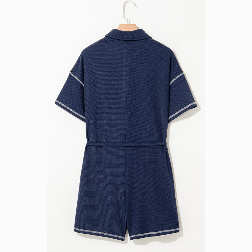 Renata Navy Blue Stitched Detail Drop Shoulder Waffle Knit Romper