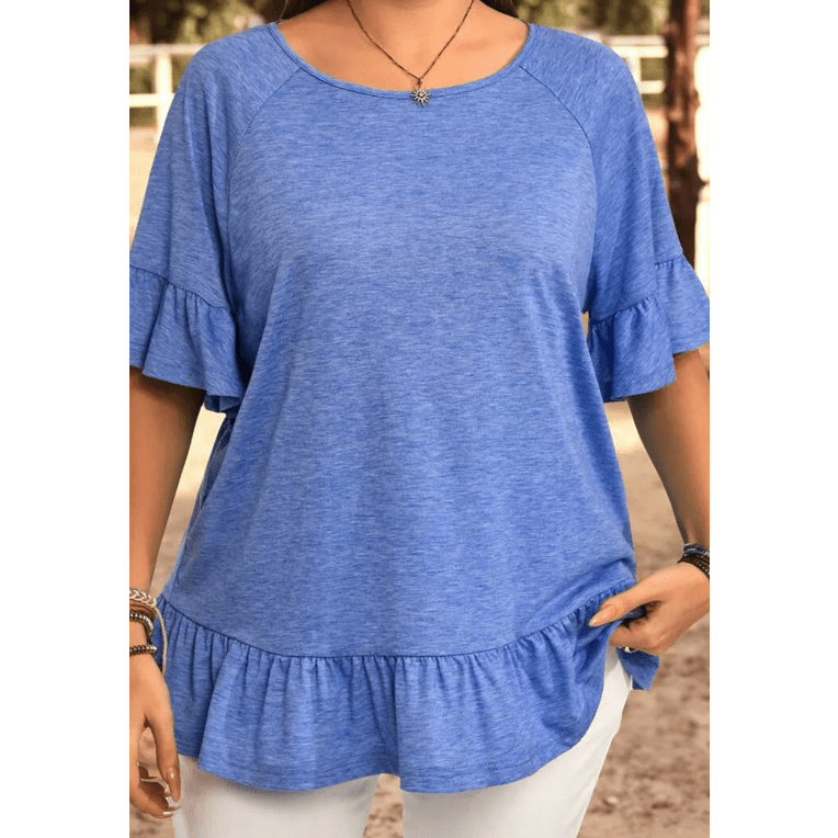 Katerra Dusk Blue Ruffled Short Sleeve Plus Size Casual Blouse
