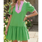 Mariana Bright Green Color Block Detail Split Neck Short Puff Sleeve Ruffle Hem Mini Dress