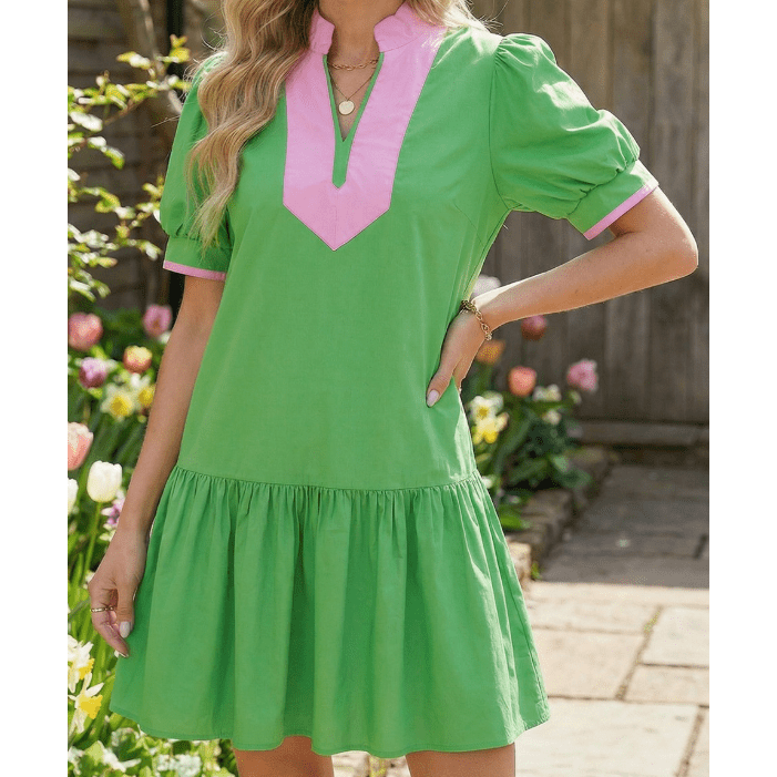 Mariana Bright Green Color Block Detail Split Neck Short Puff Sleeve Ruffle Hem Mini Dress