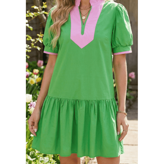 Mariana Bright Green Color Block Detail Split Neck Short Puff Sleeve Ruffle Hem Mini Dress