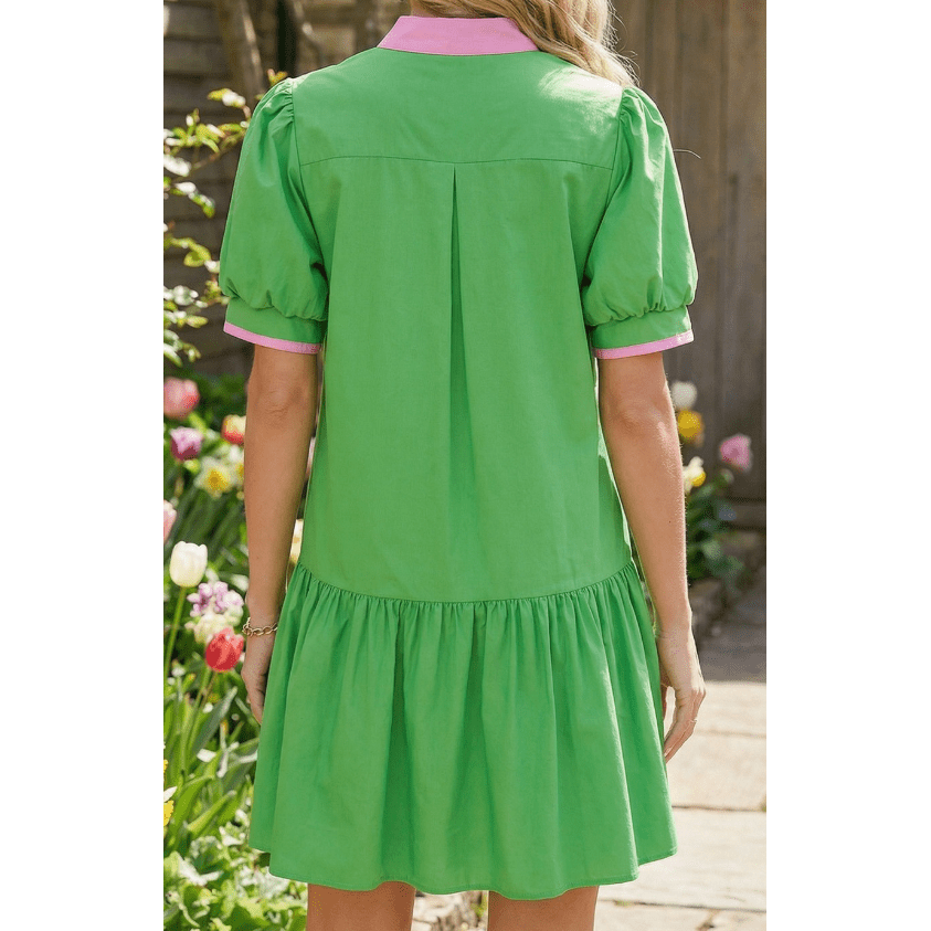 Mariana Bright Green Color Block Detail Split Neck Short Puff Sleeve Ruffle Hem Mini Dress