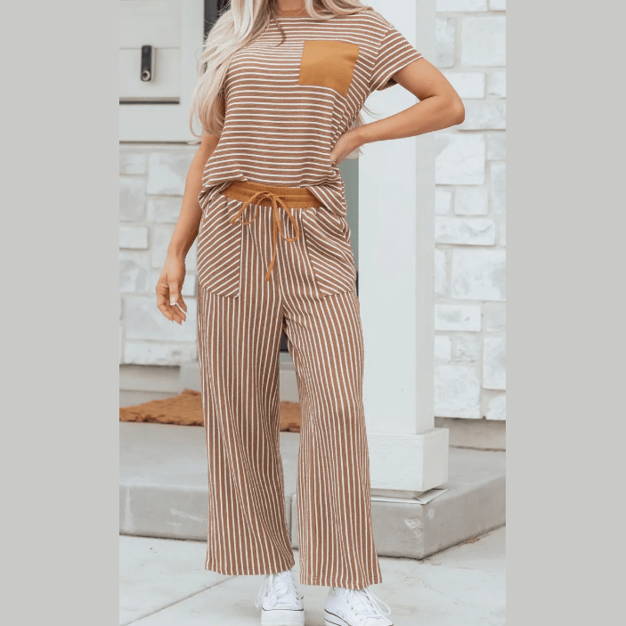 Tina Khaki Stripe Crew Neck Tee Drawstring Waist Cropped Pants Set