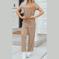 Tina Khaki Stripe Crew Neck Tee Drawstring Waist Cropped Pants Set