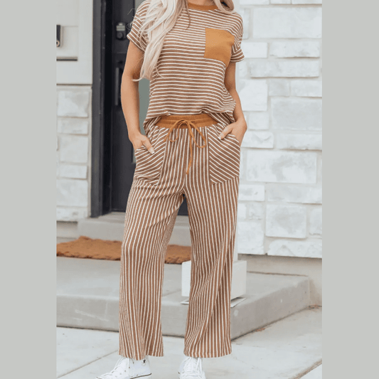 Tina Khaki Stripe Crew Neck Tee Drawstring Waist Cropped Pants Set