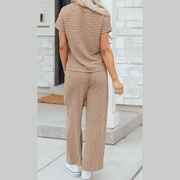 Tina Khaki Stripe Crew Neck Tee Drawstring Waist Cropped Pants Set