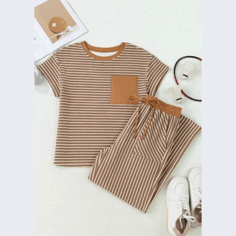Tina Khaki Stripe Crew Neck Tee Drawstring Waist Cropped Pants Set