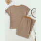 Tina Khaki Stripe Crew Neck Tee Drawstring Waist Cropped Pants Set