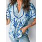 Vannah Sky Blue Ricrac Trim Slit V Neck Short Sleeve Floral Blouse
