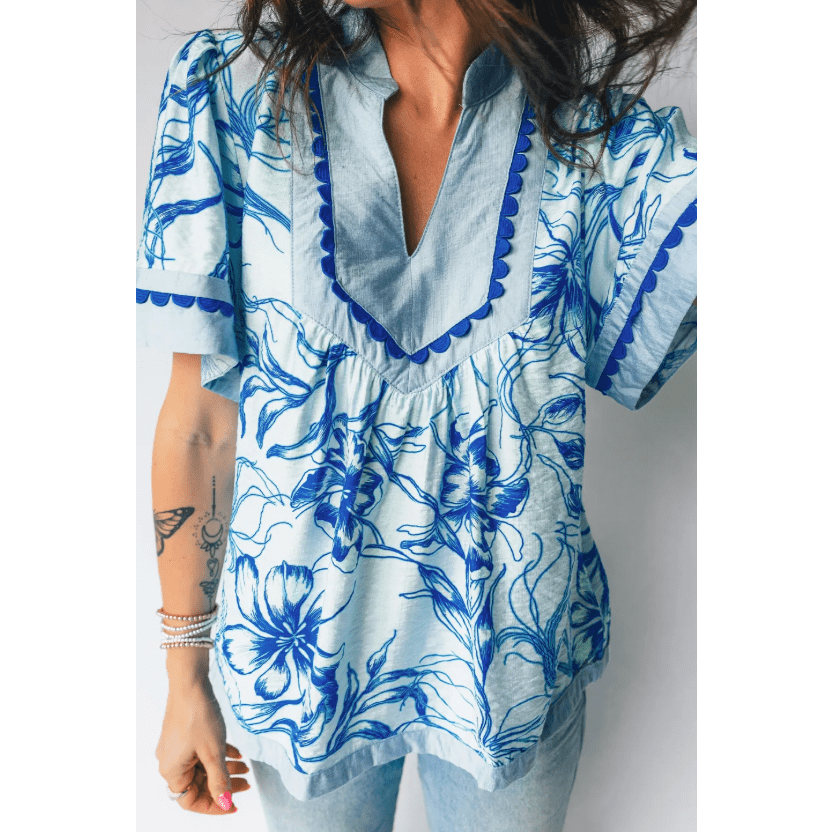 Vannah Sky Blue Ricrac Trim Slit V Neck Short Sleeve Floral Blouse
