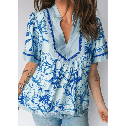 Vannah Sky Blue Ricrac Trim Slit V Neck Short Sleeve Floral Blouse
