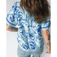 Vannah Sky Blue Ricrac Trim Slit V Neck Short Sleeve Floral Blouse