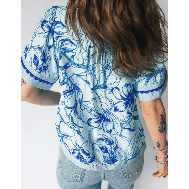 Vannah Sky Blue Ricrac Trim Slit V Neck Short Sleeve Floral Blouse