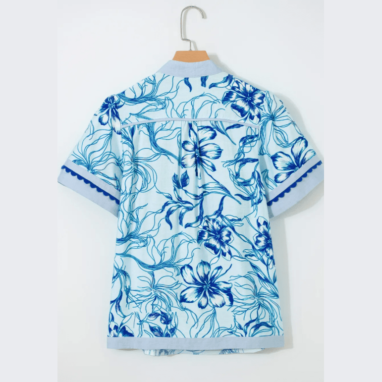 Vannah Sky Blue Ricrac Trim Slit V Neck Short Sleeve Floral Blouse