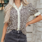 Rosamund Black Leopard Print Striped Ruffled Color Block Trim V Neck Short Sleeve Blouse