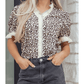 Rosamund Black Leopard Print Striped Ruffled Color Block Trim V Neck Short Sleeve Blouse