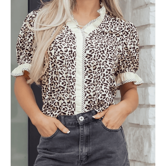 Rosamund Black Leopard Print Striped Ruffled Color Block Trim V Neck Short Sleeve Blouse