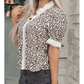 Rosamund Black Leopard Print Striped Ruffled Color Block Trim V Neck Short Sleeve Blouse