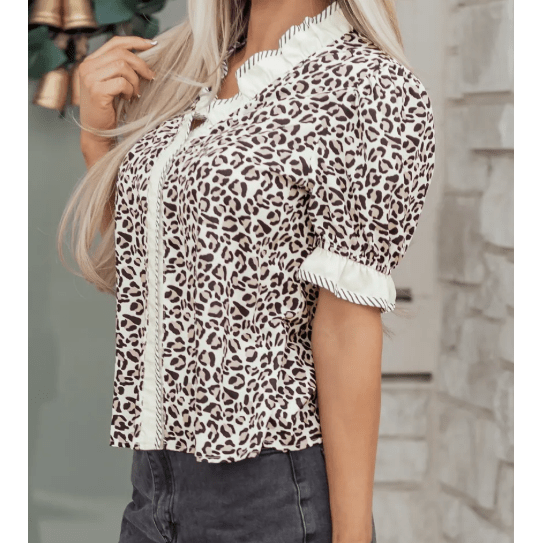 Rosamund Black Leopard Print Striped Ruffled Color Block Trim V Neck Short Sleeve Blouse