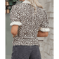 Rosamund Black Leopard Print Striped Ruffled Color Block Trim V Neck Short Sleeve Blouse