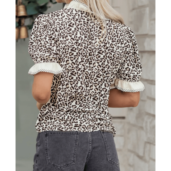 Rosamund Black Leopard Print Striped Ruffled Color Block Trim V Neck Short Sleeve Blouse