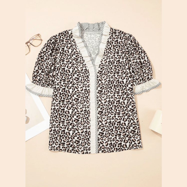 Rosamund Black Leopard Print Striped Ruffled Color Block Trim V Neck Short Sleeve Blouse
