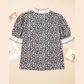 Rosamund Black Leopard Print Striped Ruffled Color Block Trim V Neck Short Sleeve Blouse
