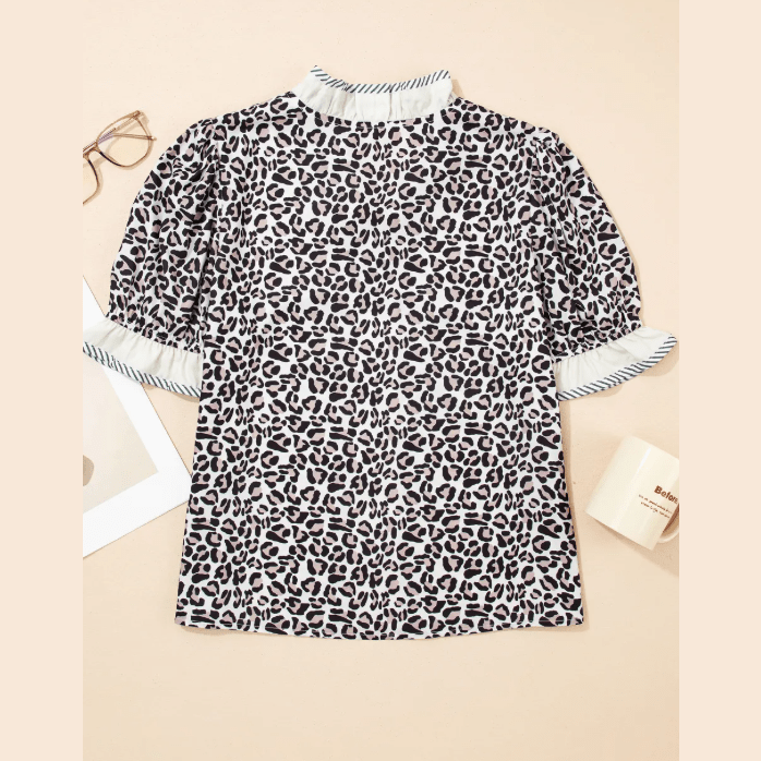 Rosamund Black Leopard Print Striped Ruffled Color Block Trim V Neck Short Sleeve Blouse