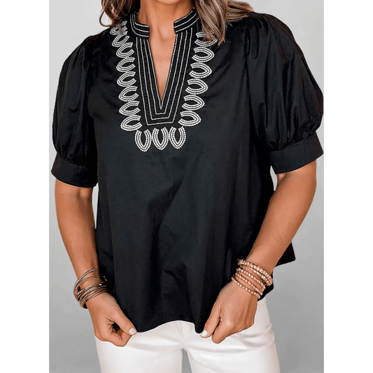 Petrina Black Short Puff Sleeve Contrast Embroidered Detail V Neck Blouse