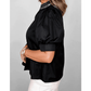 Petrina Black Short Puff Sleeve Contrast Embroidered Detail V Neck Blouse