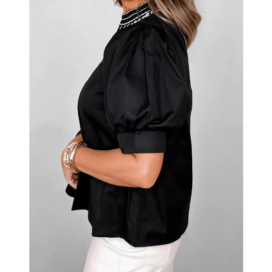 Petrina Black Short Puff Sleeve Contrast Embroidered Detail V Neck Blouse