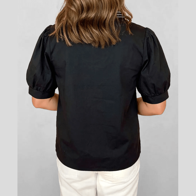 Petrina Black Short Puff Sleeve Contrast Embroidered Detail V Neck Blouse