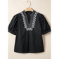 Petrina Black Short Puff Sleeve Contrast Embroidered Detail V Neck Blouse