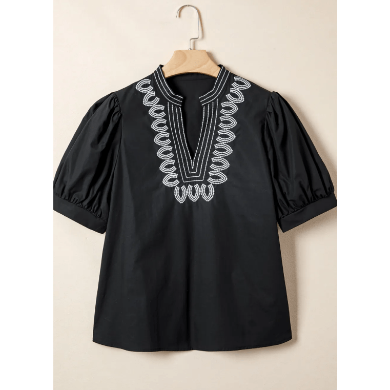 Petrina Black Short Puff Sleeve Contrast Embroidered Detail V Neck Blouse