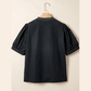 Petrina Black Short Puff Sleeve Contrast Embroidered Detail V Neck Blouse
