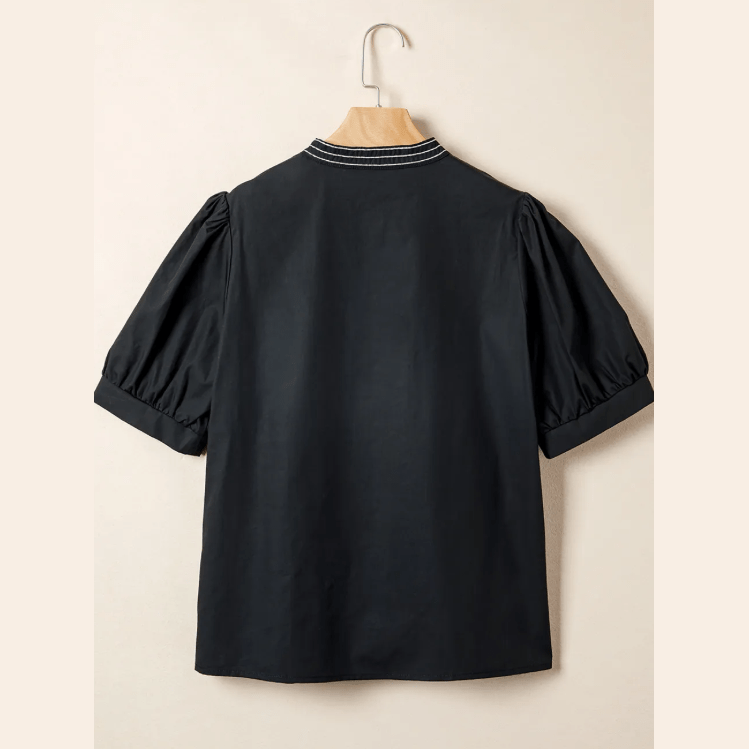 Petrina Black Short Puff Sleeve Contrast Embroidered Detail V Neck Blouse