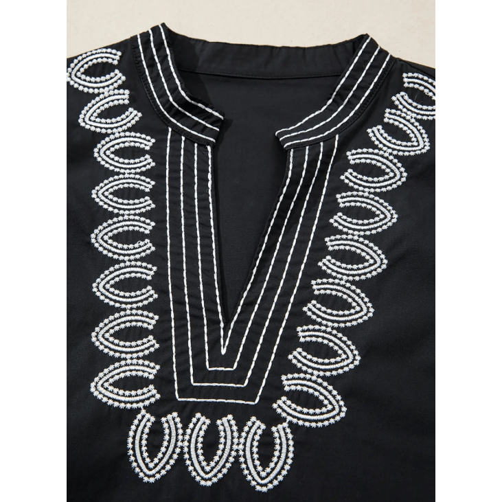 Petrina Black Short Puff Sleeve Contrast Embroidered Detail V Neck Blouse