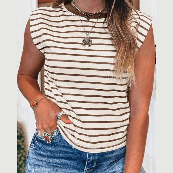 Tana Brown Stripe Ribbed Round Neck Trim Loose Tank Top