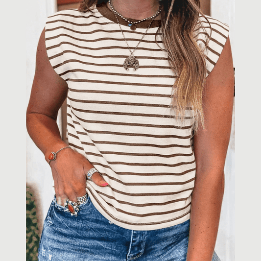 Tana Brown Stripe Ribbed Round Neck Trim Loose Tank Top