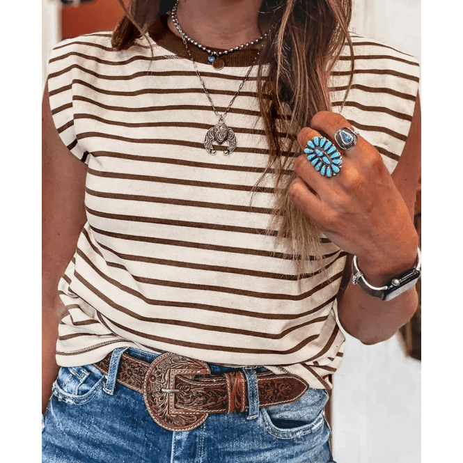 Tana Brown Stripe Ribbed Round Neck Trim Loose Tank Top