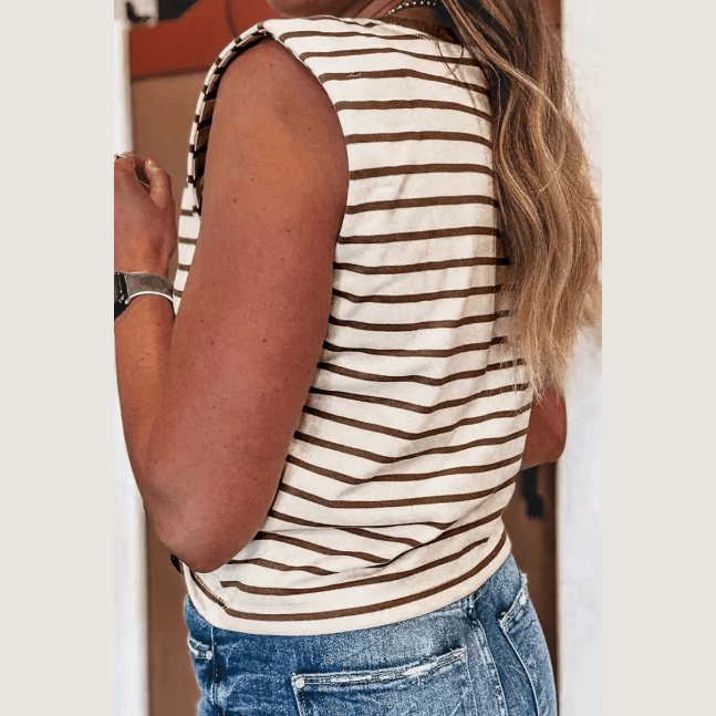 Tana Brown Stripe Ribbed Round Neck Trim Loose Tank Top
